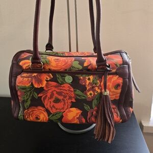 Isaac Mizrahi Floral Burgundy Leather Trimmed Canvas Women's Satchel with Tassel